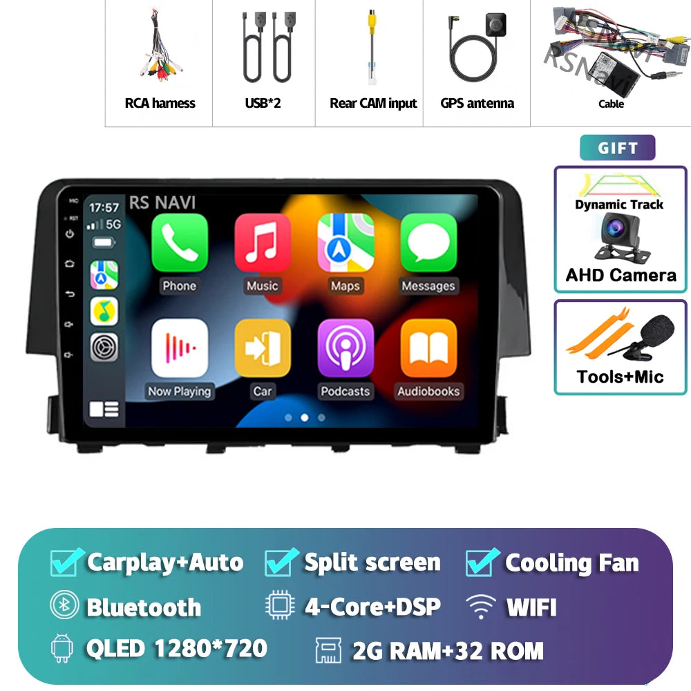 Android 15 Carplay Auto Car Radio Multimedia Player For Honda Civic 10 FC FK 2015 - 2020 Audio Autoradio Stereo 2din Wireless BT