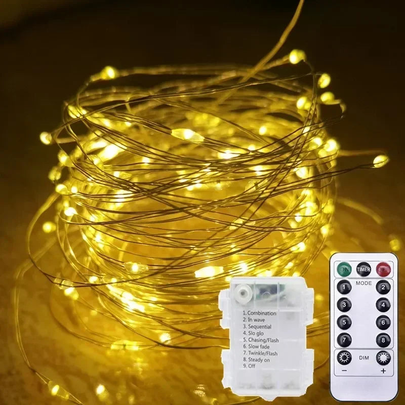 LED Fairy Silver Wire String Light Battery Box with 8 Mode Remote Control Wedding Christmas Garland Lamp Home Bedroom Decoration