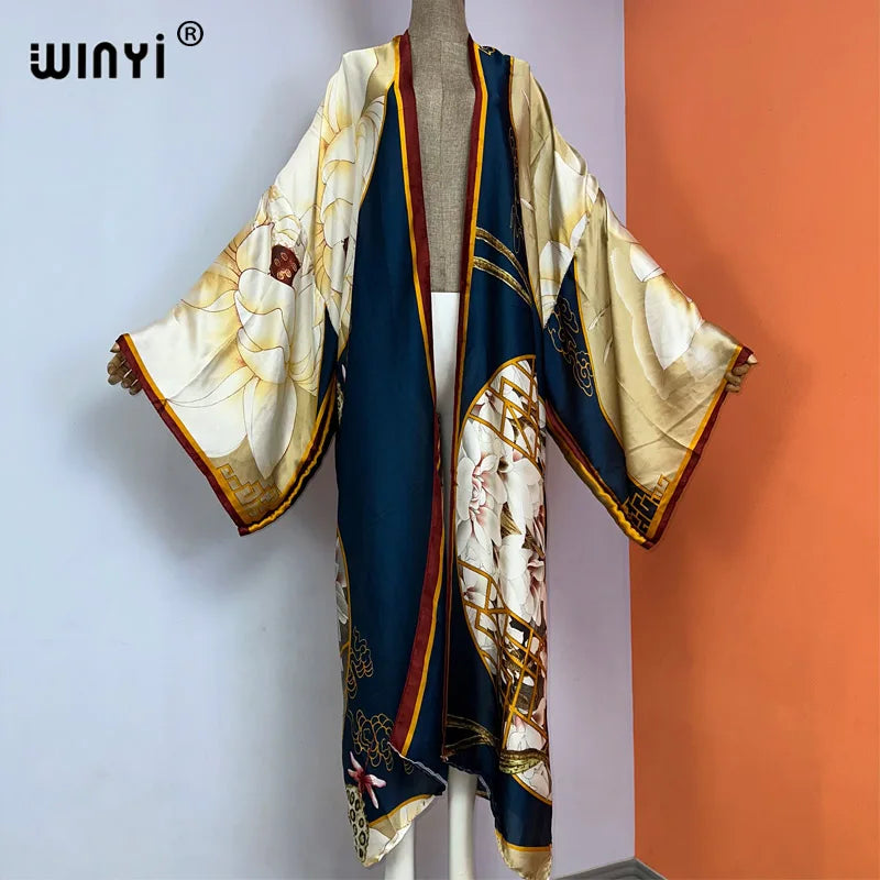 WINYI kimono new fashion print купальник Women Cardigan Loose Long Dress elegant Party Boho Maxi beach Holiday Cover Ups kaftan