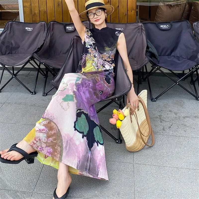 Womens Dresses Woman Clothes Miyake High-grade Pleated Print Dress Chinese National Style Cheongsam Skirt Fishtail Skirt Summer