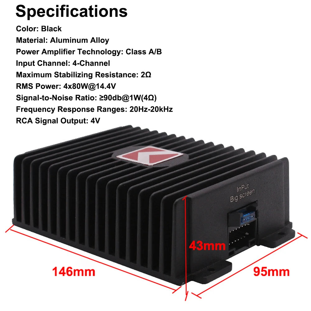 4-Channel Car Amplifier 80Wx4 Audio Modification Power Amplifier Digital Sound Processor Class A/B for Android Car Player