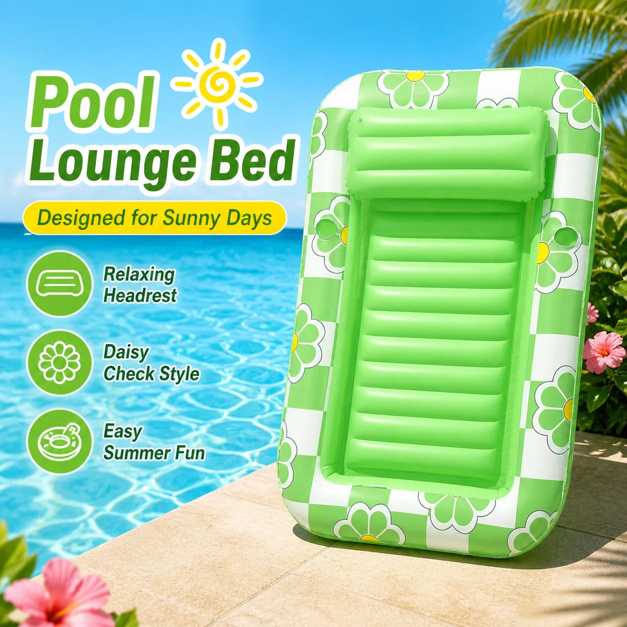 1PC Inflatable sun lounger for swimming pools, featuring a backrest and cup holders; ideal for summer pool and beach parties