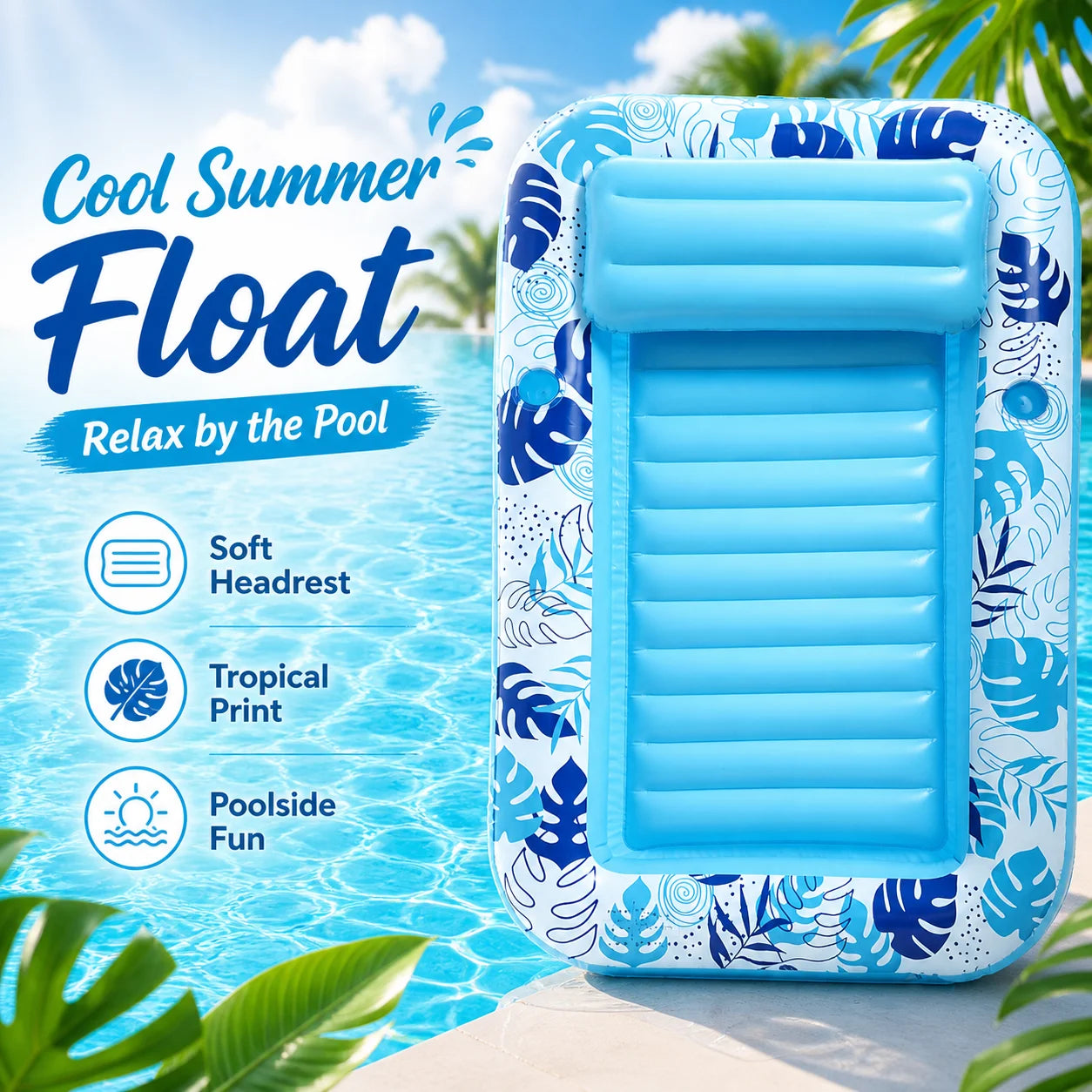 1PC Inflatable sun lounger for swimming pools, featuring a backrest and cup holders; ideal for summer pool and beach parties