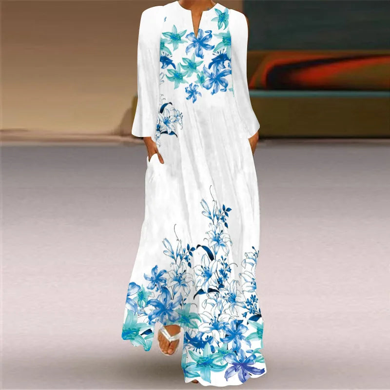 Butterfly Printing Women Sundress 2023 Spring Vintage  Long Sleeve V-neck Maxi Dress Elegant Ladies Long Dresses Female Vestidos