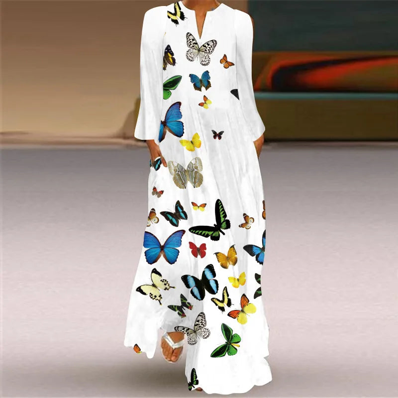 Butterfly Printing Women Sundress 2023 Spring Vintage  Long Sleeve V-neck Maxi Dress Elegant Ladies Long Dresses Female Vestidos