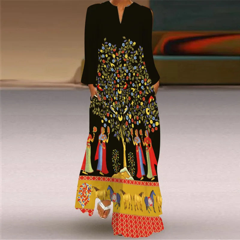 Butterfly Printing Women Sundress 2023 Spring Vintage  Long Sleeve V-neck Maxi Dress Elegant Ladies Long Dresses Female Vestidos
