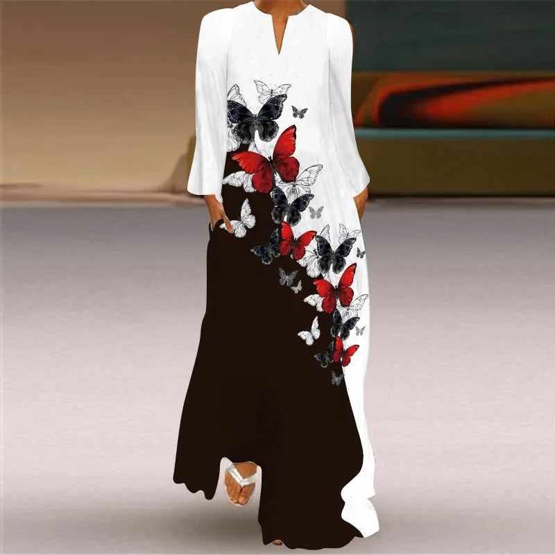 Butterfly Printing Women Sundress 2023 Spring Vintage  Long Sleeve V-neck Maxi Dress Elegant Ladies Long Dresses Female Vestidos