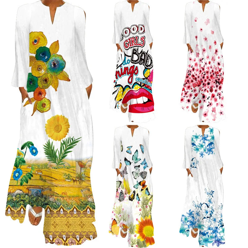 Butterfly Printing Women Sundress 2023 Spring Vintage  Long Sleeve V-neck Maxi Dress Elegant Ladies Long Dresses Female Vestidos
