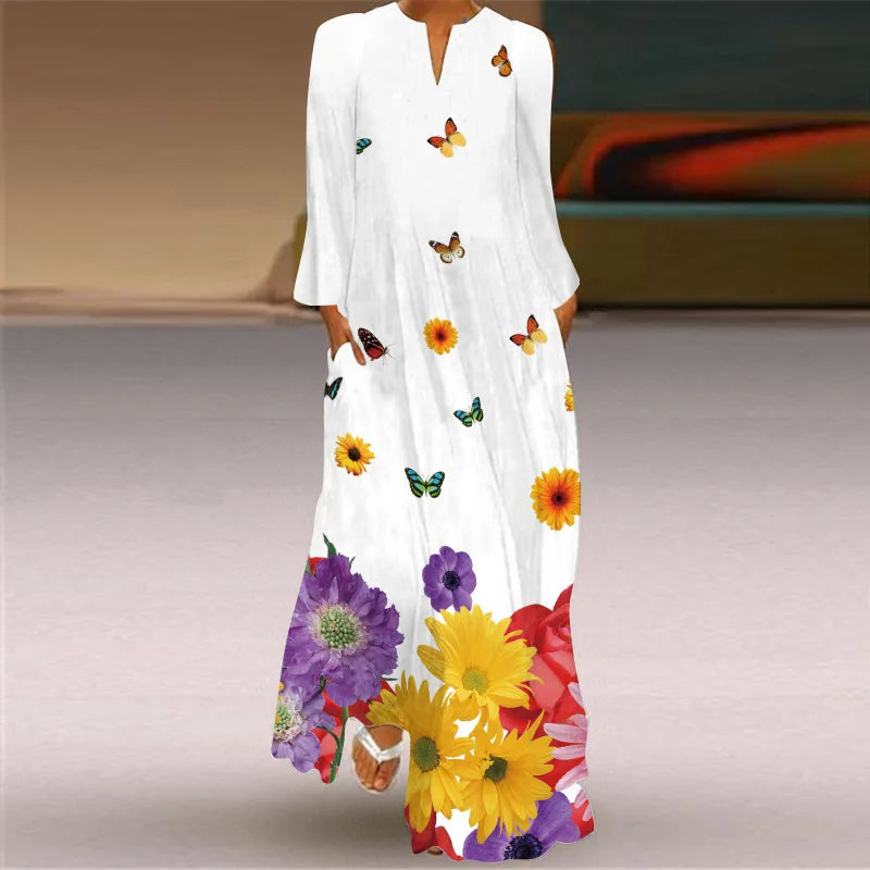 Butterfly Printing Women Sundress 2023 Spring Vintage  Long Sleeve V-neck Maxi Dress Elegant Ladies Long Dresses Female Vestidos
