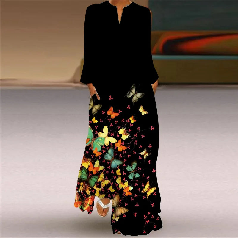 Butterfly Printing Women Sundress 2023 Spring Vintage  Long Sleeve V-neck Maxi Dress Elegant Ladies Long Dresses Female Vestidos