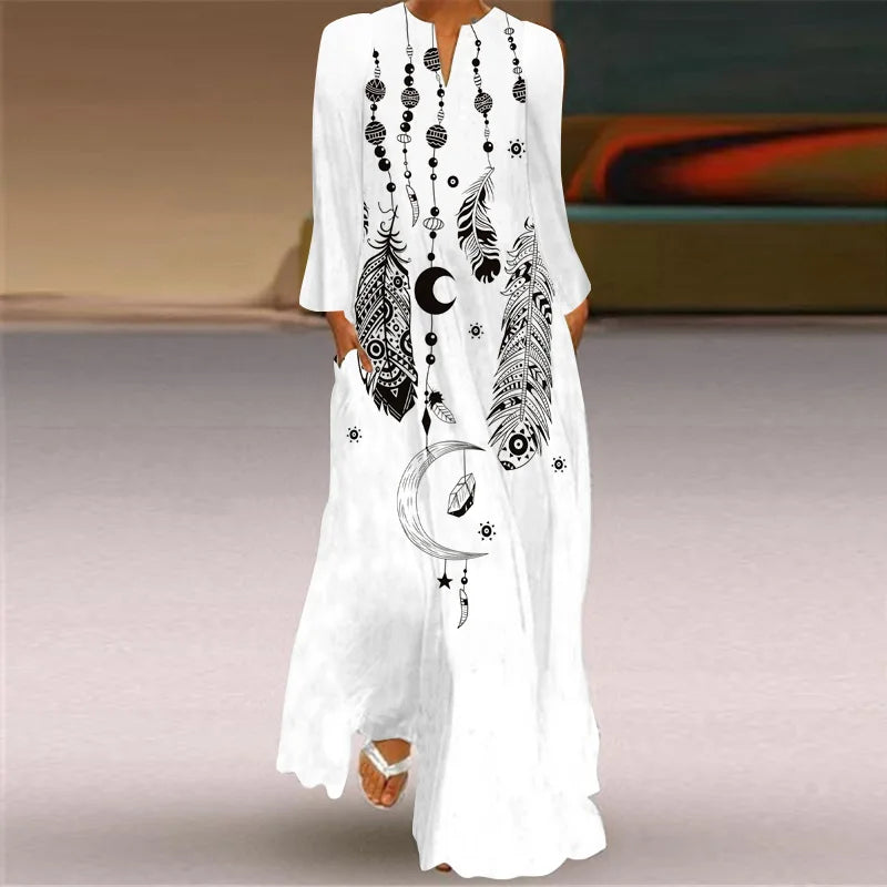 Butterfly Printing Women Sundress 2023 Spring Vintage  Long Sleeve V-neck Maxi Dress Elegant Ladies Long Dresses Female Vestidos