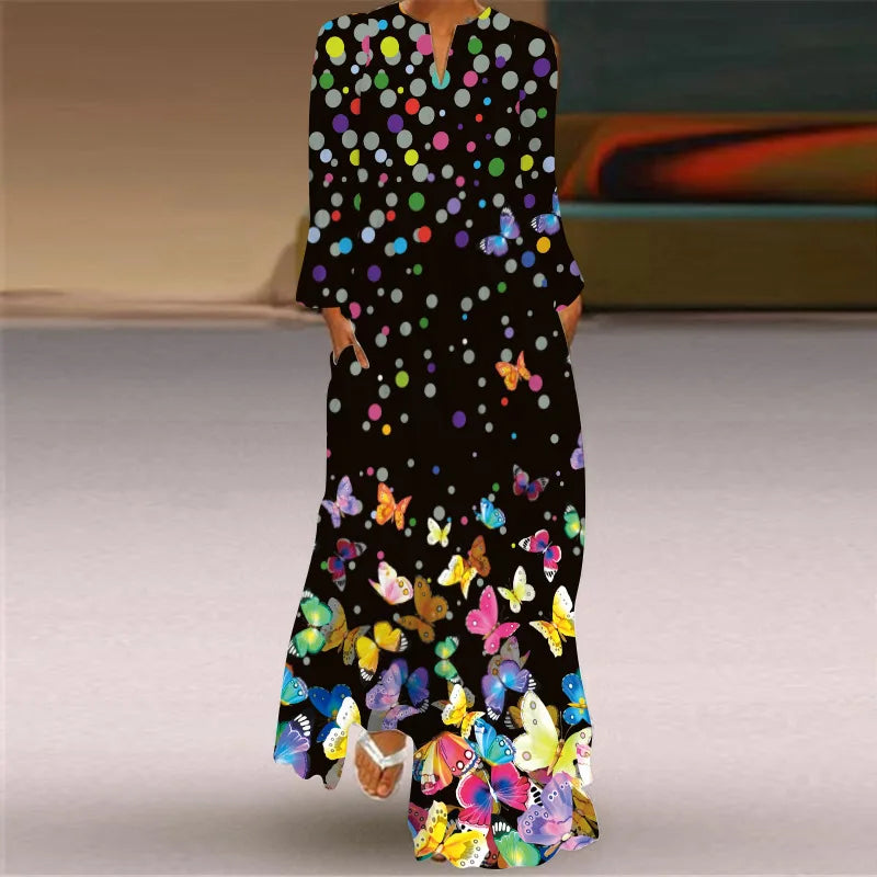 Butterfly Printing Women Sundress 2023 Spring Vintage  Long Sleeve V-neck Maxi Dress Elegant Ladies Long Dresses Female Vestidos