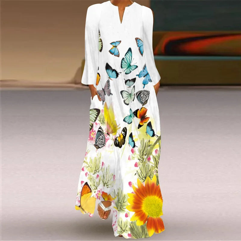 Butterfly Printing Women Sundress 2023 Spring Vintage  Long Sleeve V-neck Maxi Dress Elegant Ladies Long Dresses Female Vestidos