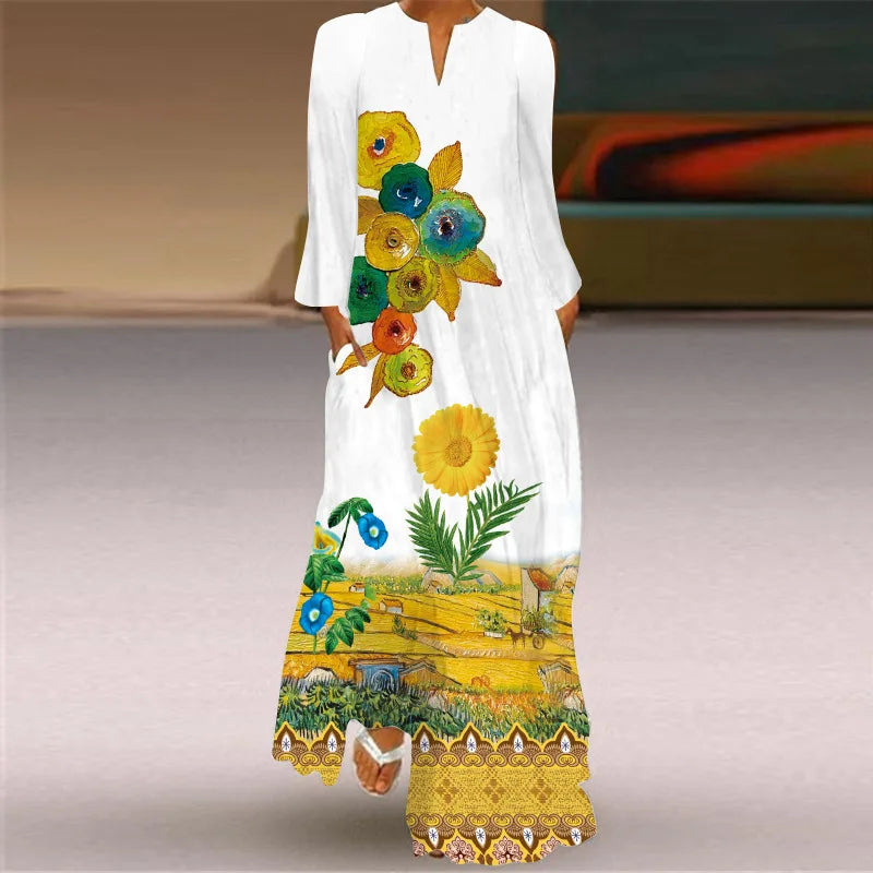 Butterfly Printing Women Sundress 2023 Spring Vintage  Long Sleeve V-neck Maxi Dress Elegant Ladies Long Dresses Female Vestidos