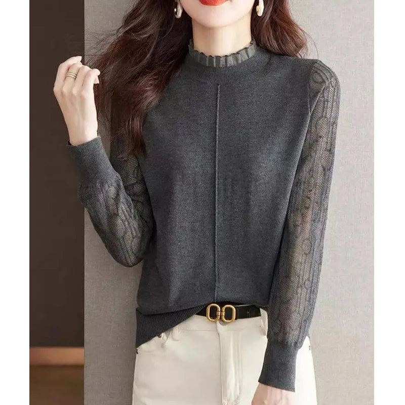 Clothes for Women Spring Autumn Fashion Ruffled Hollow Long Sleeve Knitted Sweaters Elegant Chic Solid Loose Basic Pullover Tops