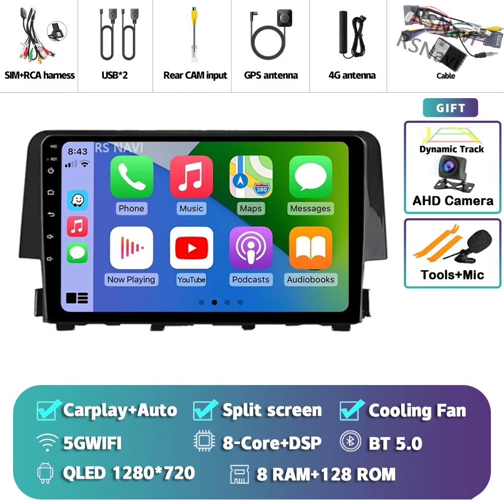Android 15 Carplay Auto Car Radio Multimedia Player For Honda Civic 10 FC FK 2015 - 2020 Audio Autoradio Stereo 2din Wireless BT