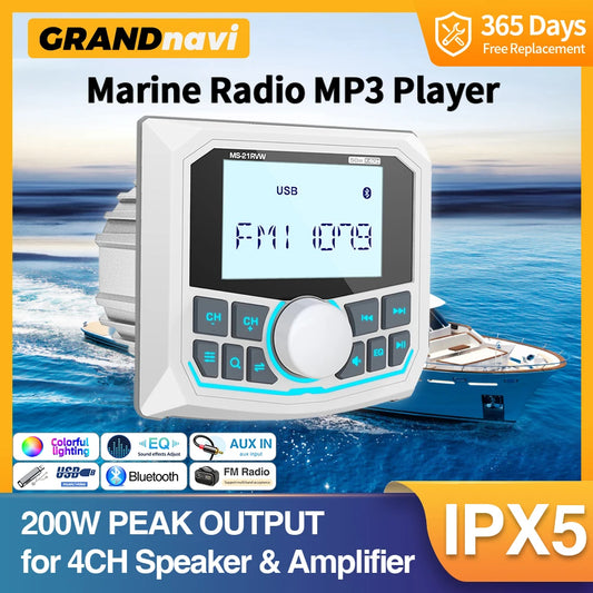 Marine Radio Boat Stereo FM AM Digital Media Audio Player Bluetooth IPX5 Waterproof For Yacht ATV UTV Golf Cart Motorcycle