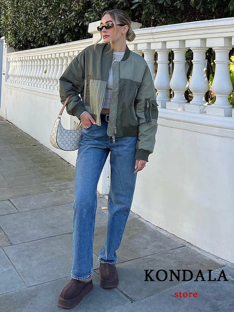 Streetwear Armygreen Bomber Jackets Women Patchwork Zipper Pockets Oversized Jackets Fashion 2025 Winter Autumn Coats