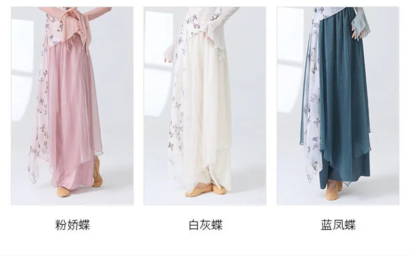 Women 2 Layers Dance Trousers Gauze Print Chiffon Culottes Flowy Skirt Pant Loose Wide Leg Modern Hanfu Elegant Practice Clothes