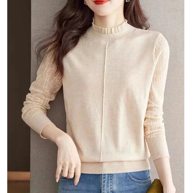 Clothes for Women Spring Autumn Fashion Ruffled Hollow Long Sleeve Knitted Sweaters Elegant Chic Solid Loose Basic Pullover Tops