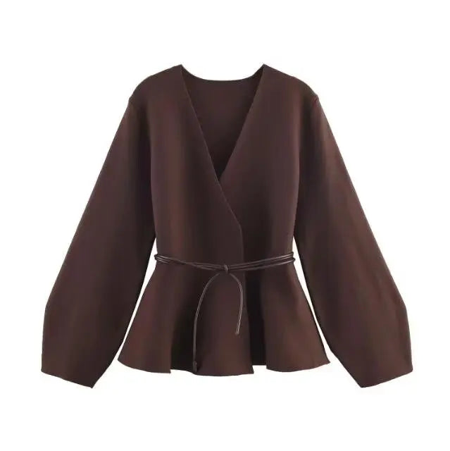 Woman Clothes Tops V Elegant Knit Cardigan For Women With V Neck Tie Waist And Flared Hem Autumn And Winter Workwear Top
