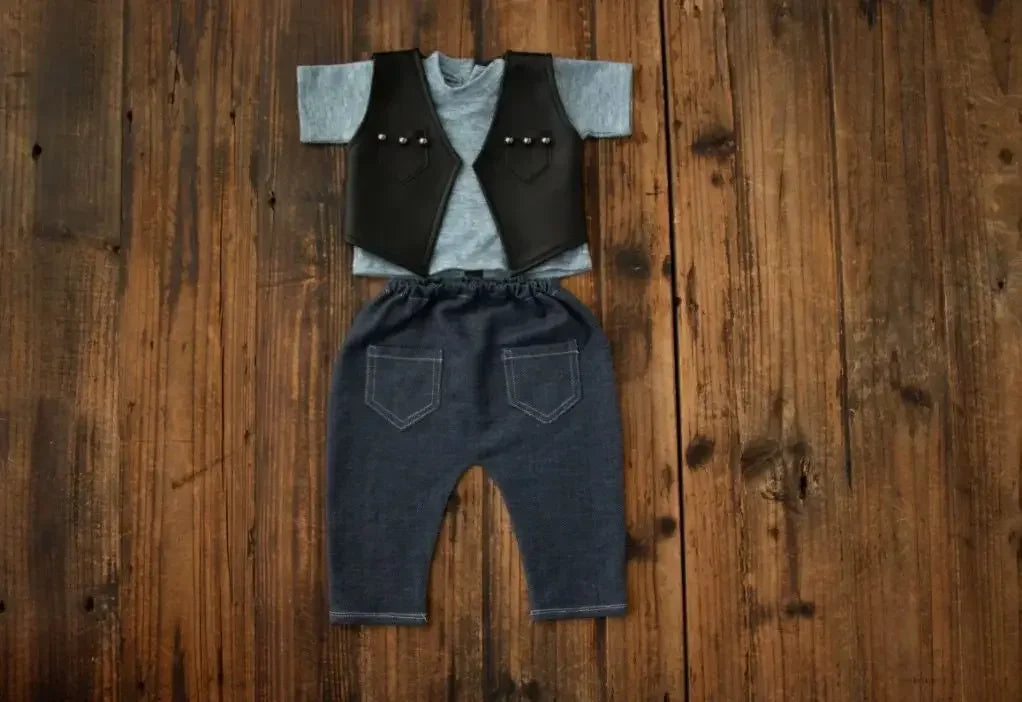 Newborn Photography props infant faux Leather jacket pants Social People cool boy  boss creative studio shooting item