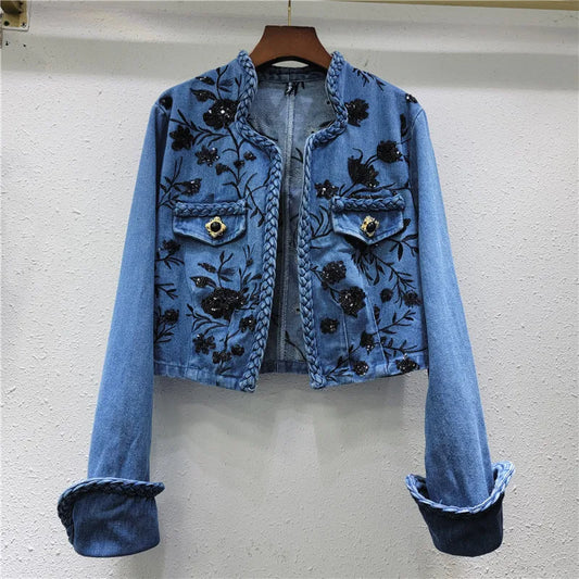 Irregular Neck Buttonless Embroidered Sequined Flower Denim Jacket Women's Long Sleeve V-Neck Jacket Summer Fashion 2024 New