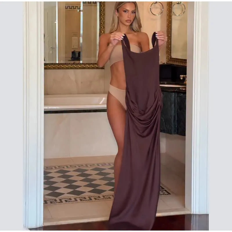 Women Brown Square-neck Pleated Sling Maxi Dress Sexy Sleeveless Off-shoulder Waist Cinching Slim Dresses Evening Party Gown