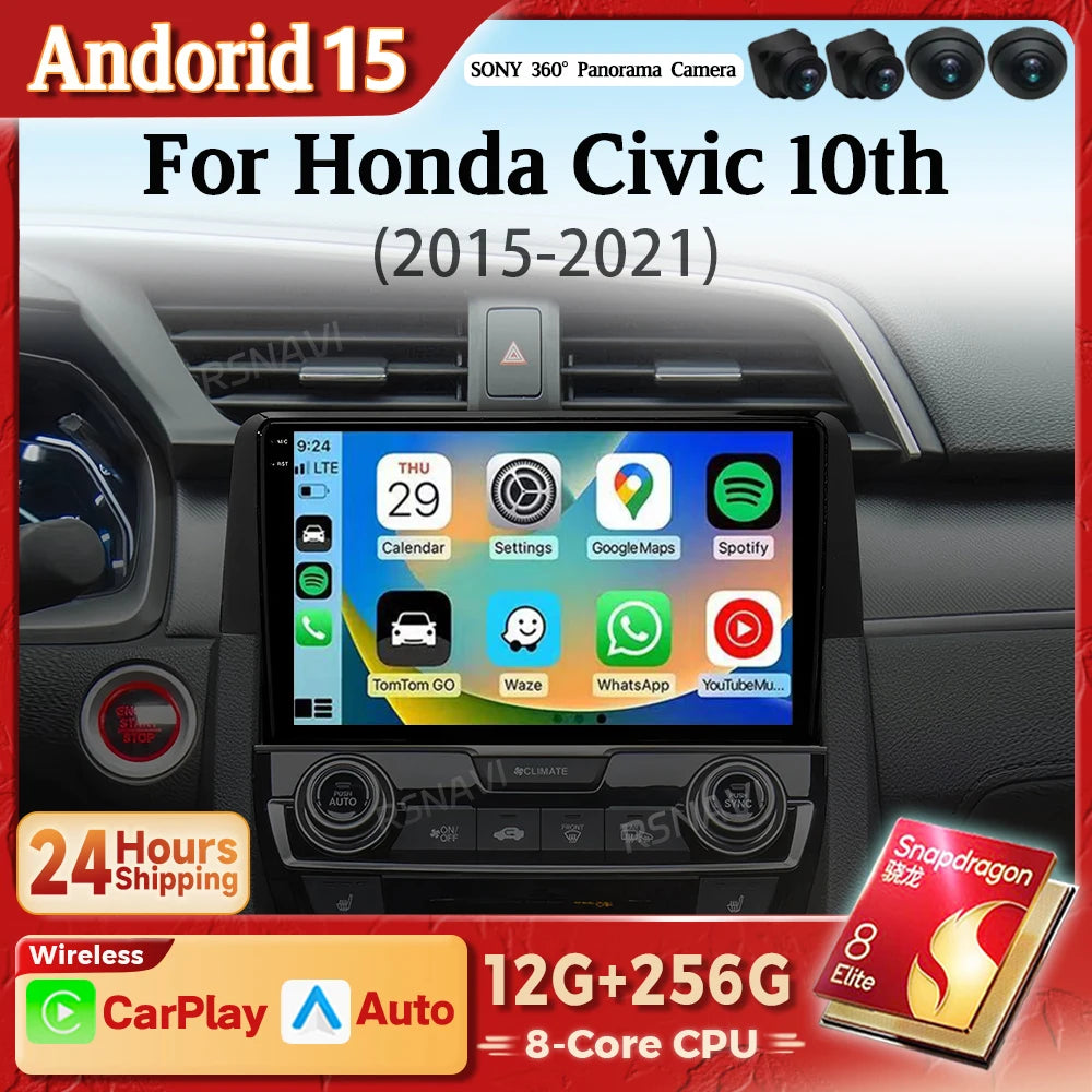 Android 15 Carplay Auto Car Radio Multimedia Player For Honda Civic 10 FC FK 2015 - 2020 Audio Autoradio Stereo 2din Wireless BT