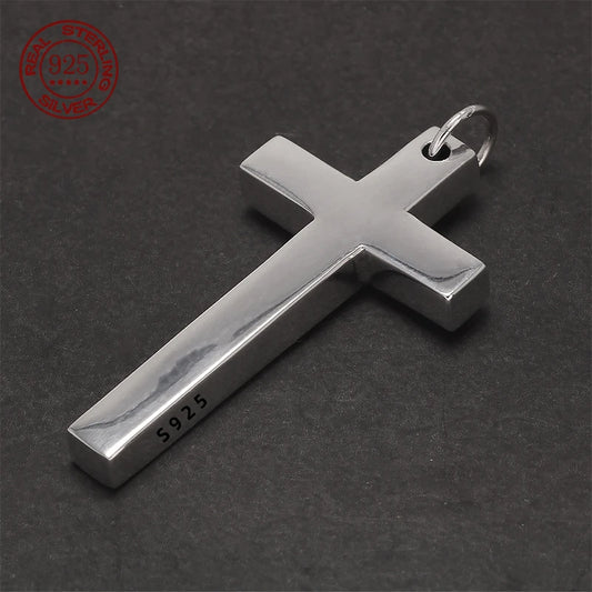 100% Real Solid S925 Sterling Silver Cross Pendant For Men Women Smooth High Polishing Simple Design Jesus Christ Jewelry