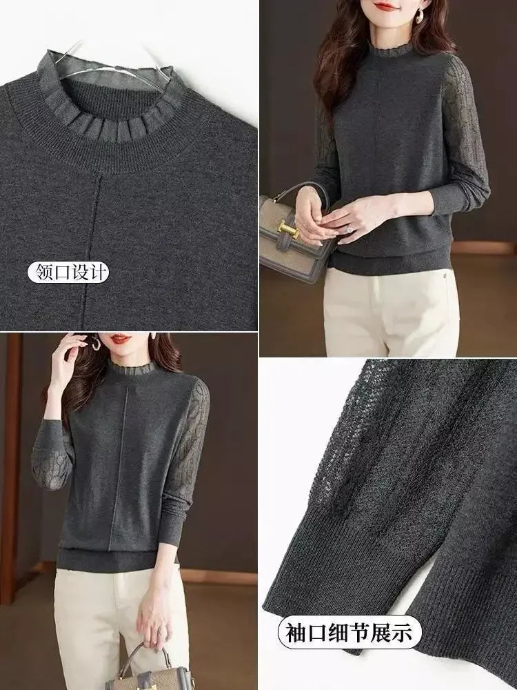 Clothes for Women Spring Autumn Fashion Ruffled Hollow Long Sleeve Knitted Sweaters Elegant Chic Solid Loose Basic Pullover Tops