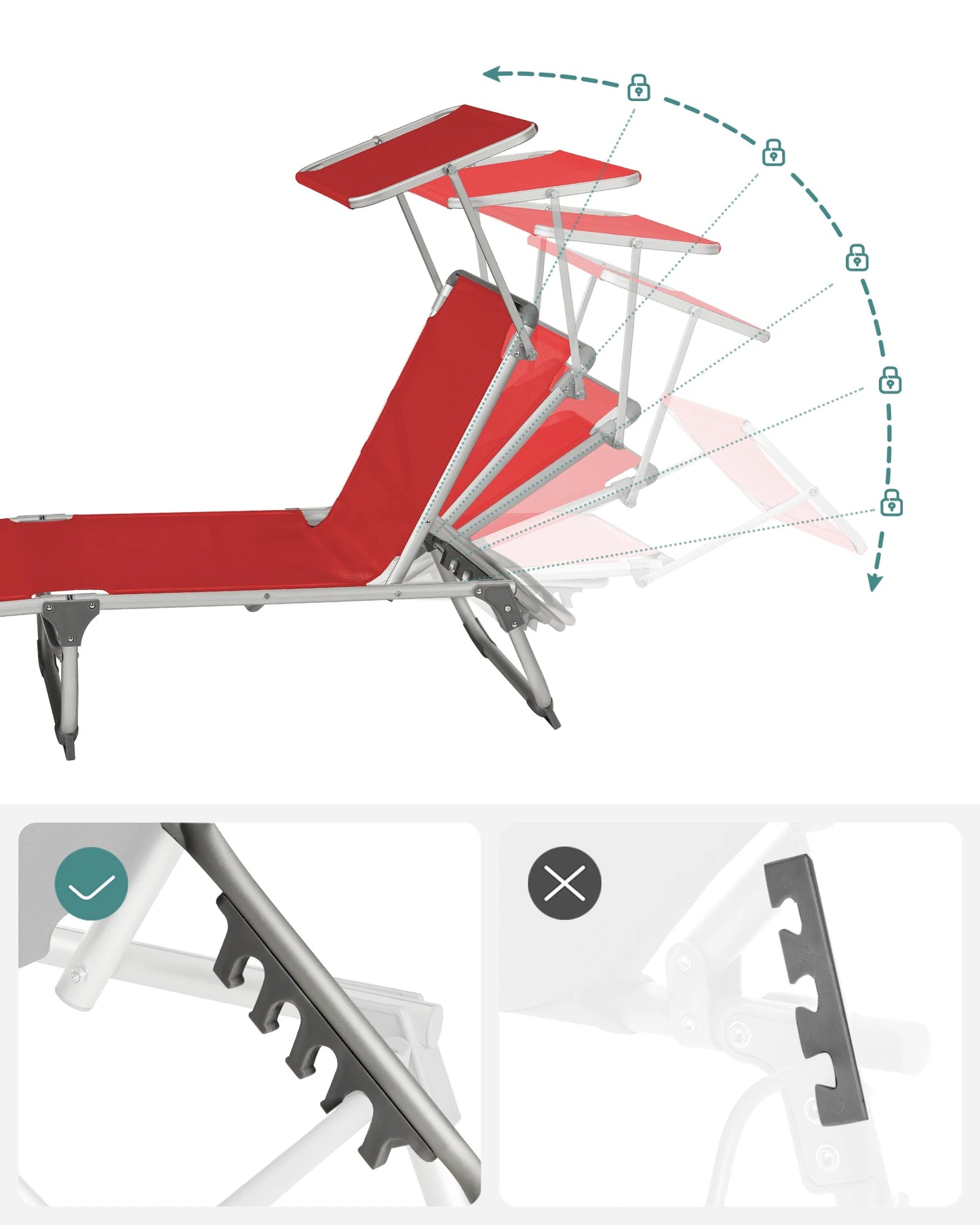 Sun Lounger, 193 x 55 x 31 cm, with Sunshade and Reclining Backrest, for Garden, Swimming Pool, Terrace, Red