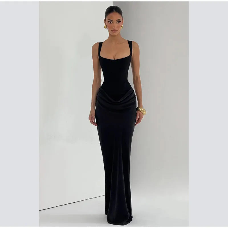 Women Brown Square-neck Pleated Sling Maxi Dress Sexy Sleeveless Off-shoulder Waist Cinching Slim Dresses Evening Party Gown