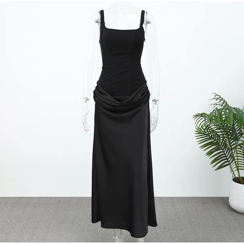 Women Brown Square-neck Pleated Sling Maxi Dress Sexy Sleeveless Off-shoulder Waist Cinching Slim Dresses Evening Party Gown