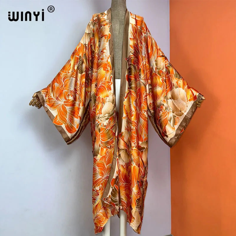 WINYI kimono new fashion print купальник Women Cardigan Loose Long Dress elegant Party Boho Maxi beach Holiday Cover Ups  kaftan