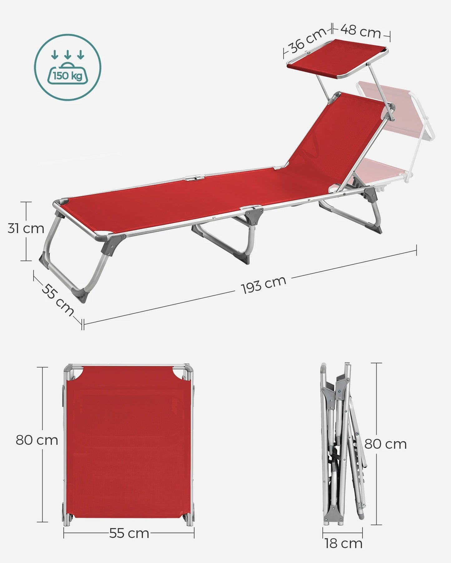 Sun Lounger, 193 x 55 x 31 cm, with Sunshade and Reclining Backrest, for Garden, Swimming Pool, Terrace, Red
