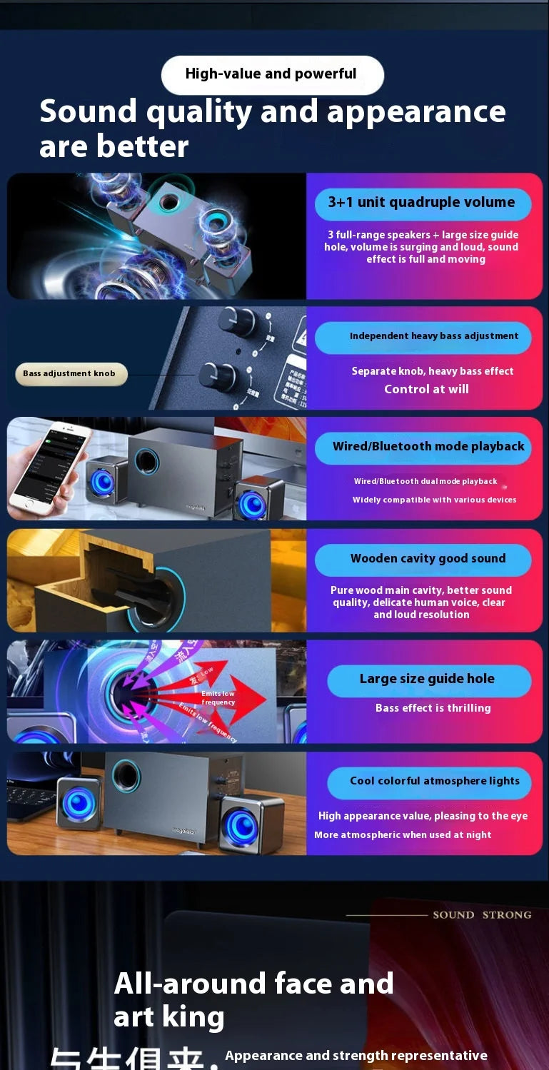 Wireless Bluetooth Computer Speaker Wooden High Volume Loud Desktop Subwoofer Active Audio 3D Surround Sound Bass Game Speakers