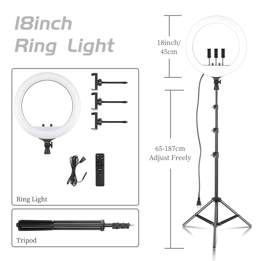 SH 18 Inch Knob Ring Light LED Selfie Video Lamp With Tripod Stand Phone Clip For YouTube Live Lighting Photo Photography Studio