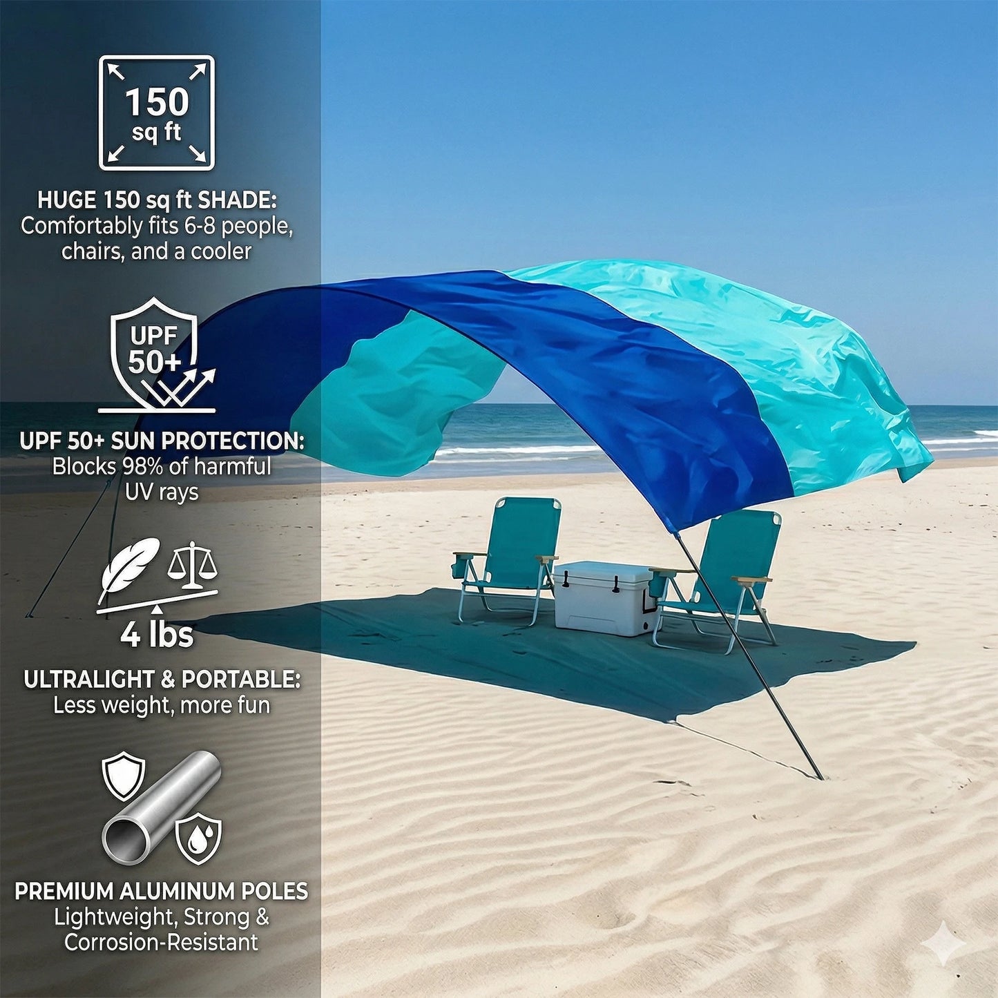 Wind-Resistant Beach Shade Tent 150 sq ft oversized canopy with sand anchors 4 lb ultralightweight UPF 50+ sun protection tent