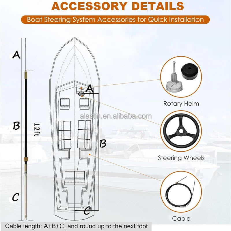 Factory Wholesale Boat Steering Kit 12 Feet Marine Rotary Steering Wheel Yacht Boat Outboard Steering System Cable