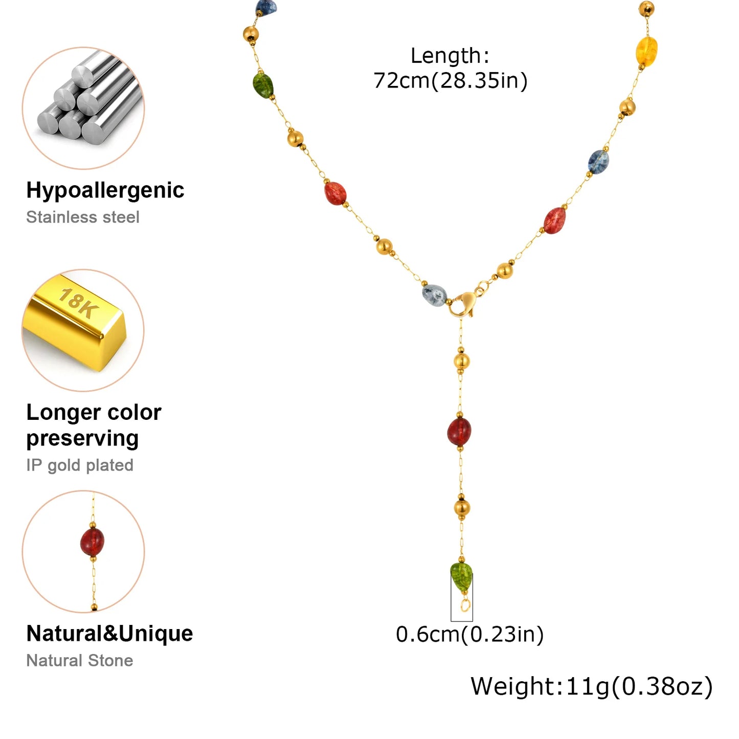 Colorful Rainbow Natural Stone Boho Necklace for Women, Stainless Steel Beaded Chain Y-Shaped Necklace, New Fashion Jewelry