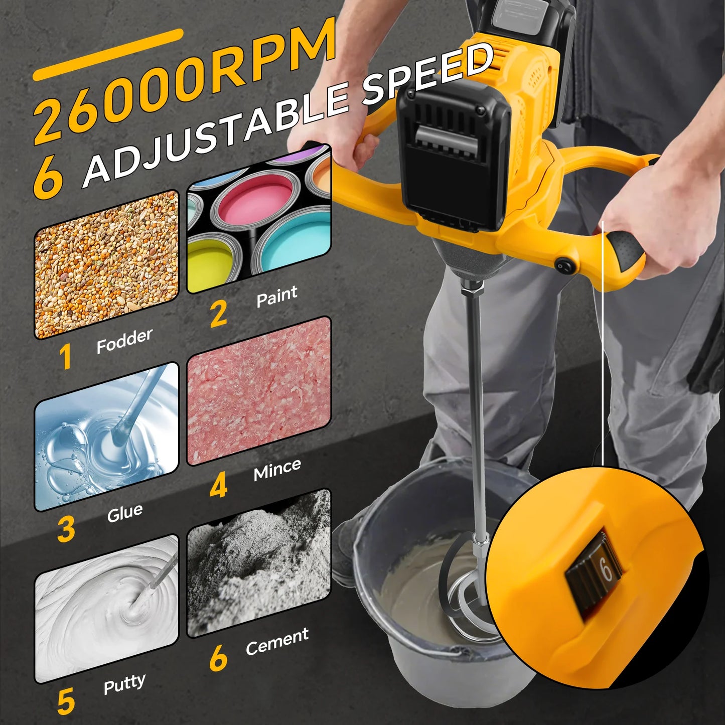 Concrete Cement Electric Mixer Machine 1200W Brushless with 6 Adjustable Speed Handheld Cement Mixer for Dewalt 20V Battery