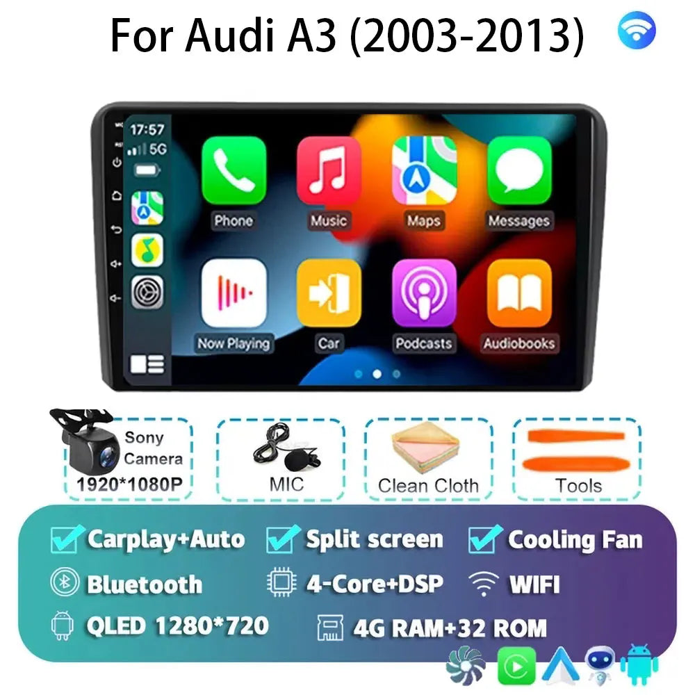 Car Radio Android 15 Carplay Auto For Audi A3 8P 2003-2013 2din Multimedia Player GPS Navigation Audio Stereo DSP Camera 5G BT