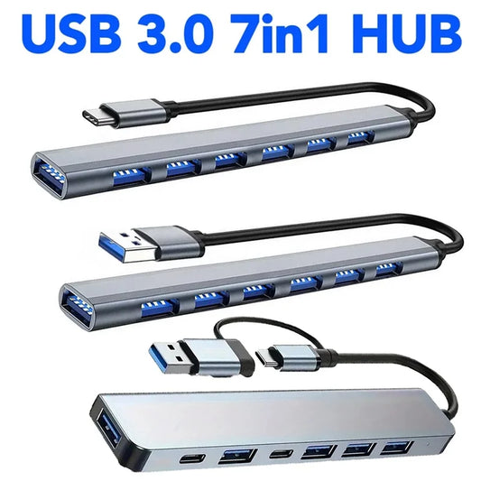 7 In 1 USB 3.0 HUB Type C USB-A Hub Splitter 7 Port USB3.0 With USB-C High Speed Data Transfer For PC Laptop Macbook Accessories