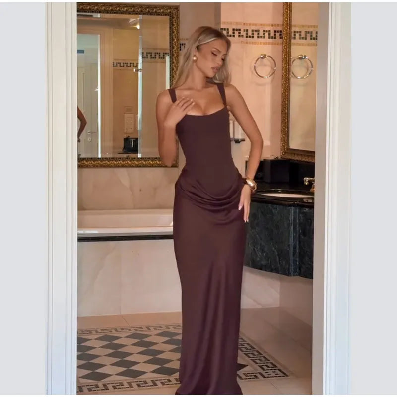 Women Brown Square-neck Pleated Sling Maxi Dress Sexy Sleeveless Off-shoulder Waist Cinching Slim Dresses Evening Party Gown