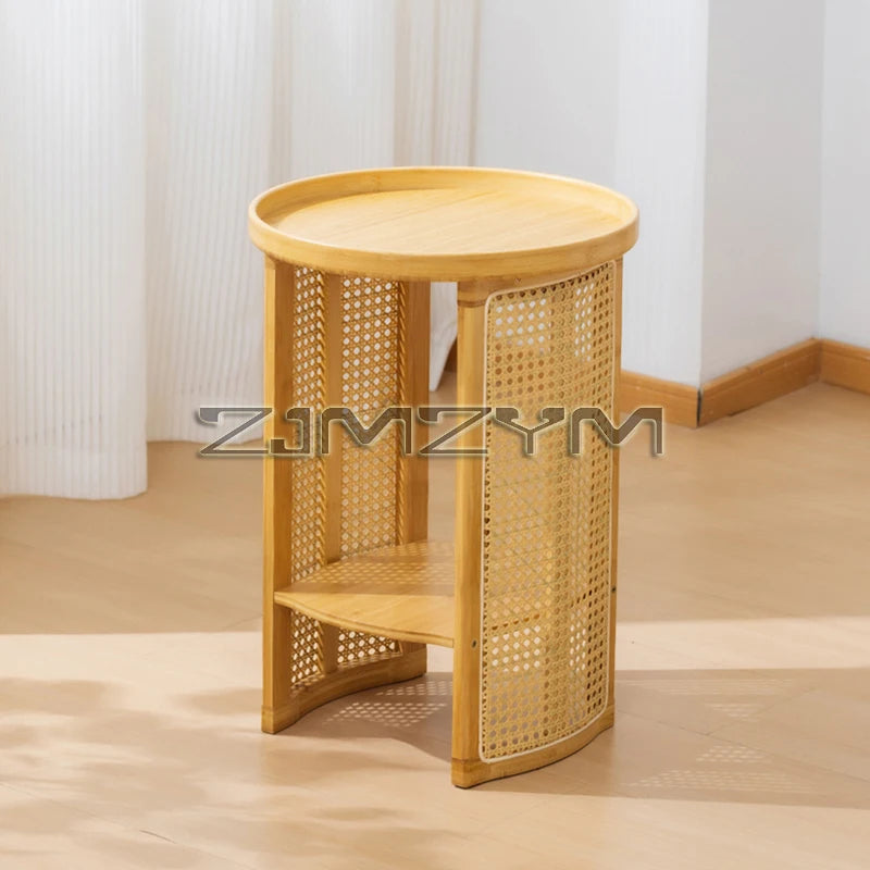 Rattan Side Table Sofa Storage Corner Desk Small Round Coffee Table Double-Layer Edge Bedside Table Balcony Sides Tables