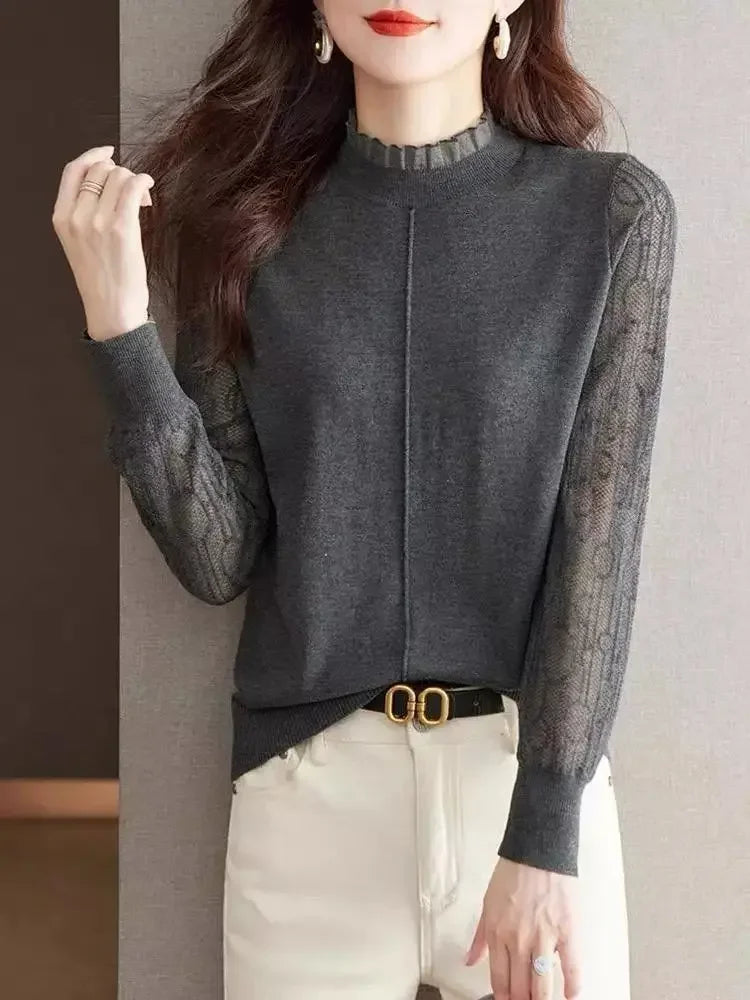 Clothes for Women Spring Autumn Fashion Ruffled Hollow Long Sleeve Knitted Sweaters Elegant Chic Solid Loose Basic Pullover Tops