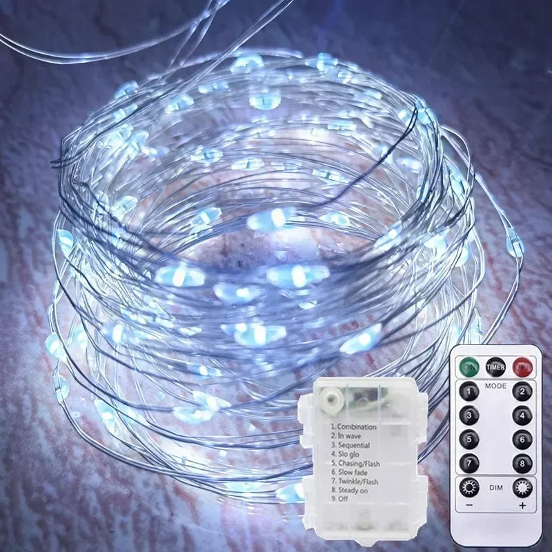 LED Fairy Silver Wire String Light Battery Box with 8 Mode Remote Control Wedding Christmas Garland Lamp Home Bedroom Decoration