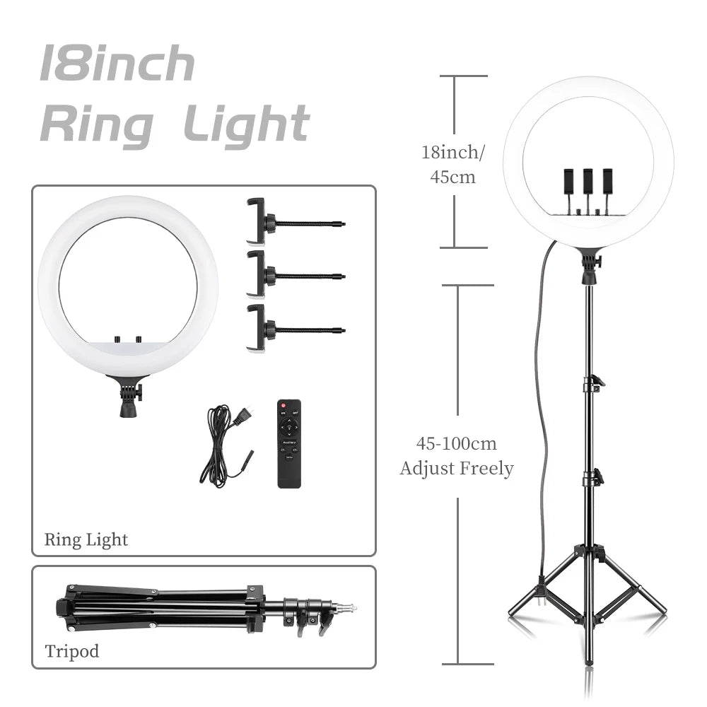 SH 18 Inch Knob Ring Light LED Selfie Video Lamp With Tripod Stand Phone Clip For YouTube Live Lighting Photo Photography Studio