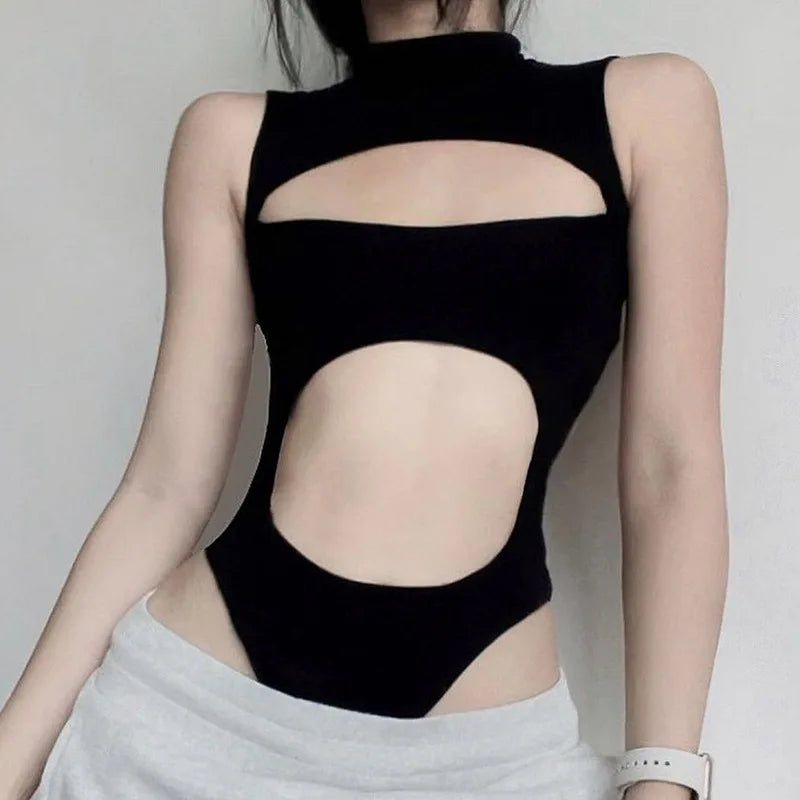 Women's Gothic Techwear Sexy Hollow Out Sleeveless Tank Tops, Bodysuit for Women, Streetwear Style, Backless Playsuit Vest